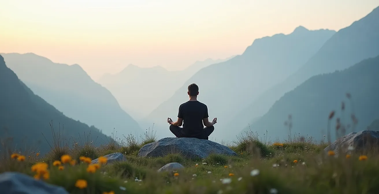 Meditative Szene in Schweizer Naturumgebung, die eine Person bei der Achtsamkeitsübung zeigt.