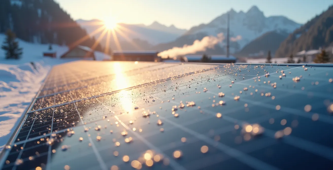 Alpine Solaranlage an einer Staumauer, die die Synergie mit einem Pumpspeicherwerk im Winter symbolisiert
