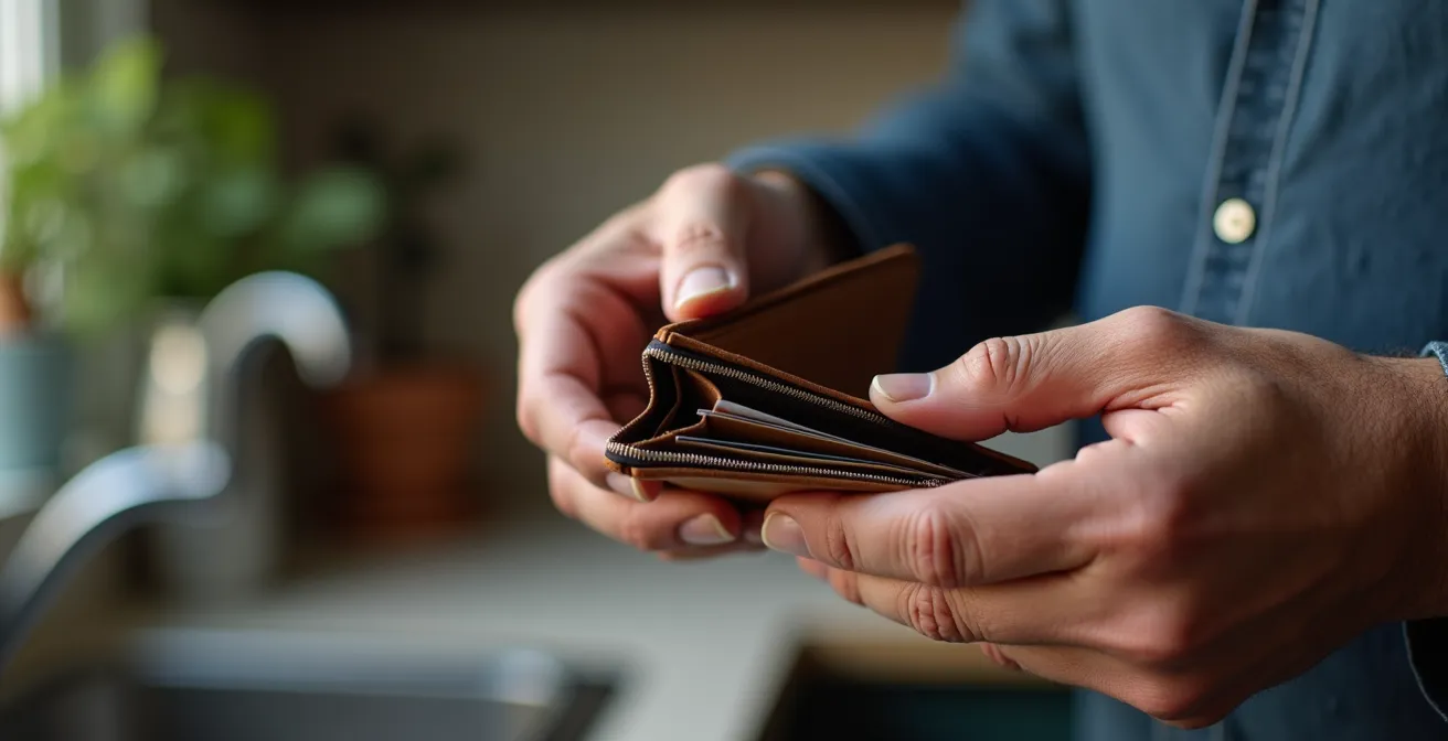 Symbolische Darstellung der versteckten Arbeitslosigkeit durch Hände, die eine leere Brieftasche halten