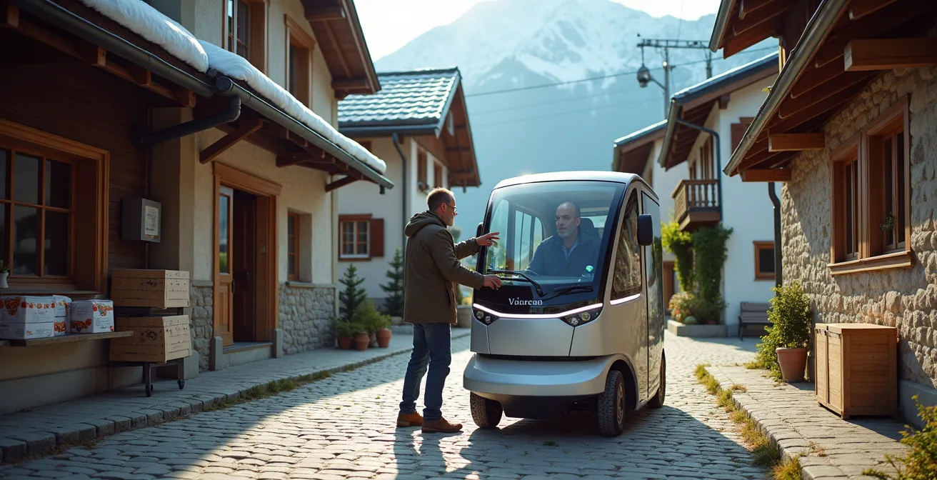 Elektro-Transportfahrzeug in autofreiem Bergdorf mit Warenlieferung