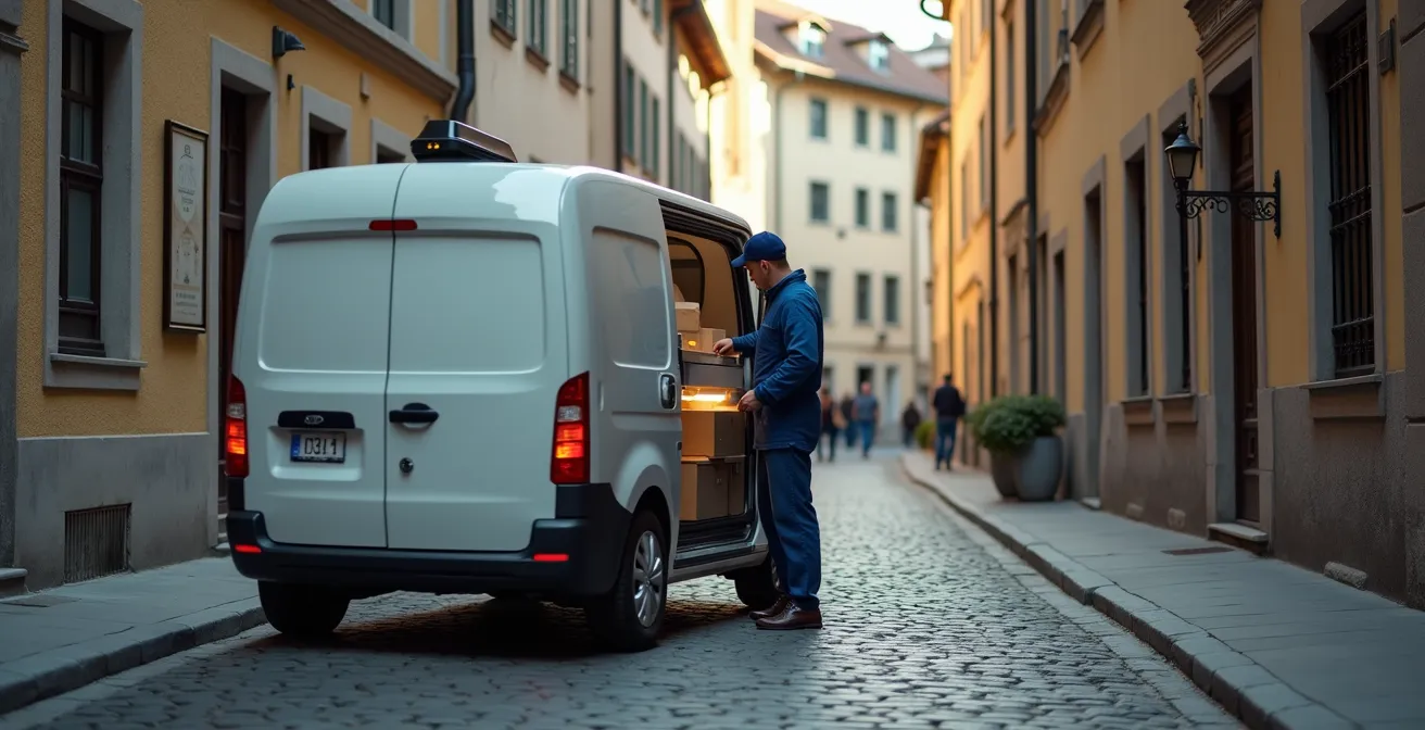 Autonomes Lieferfahrzeug in einer Schweizer Altstadt mit Paketübergabe