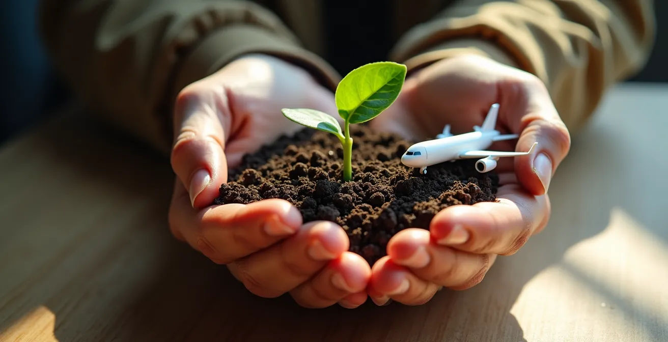 Kritische Darstellung der CO2-Kompensation mit einer Hand, die ein Flugzeugmodell hält, und einer anderen, die einen jungen Baum hält.