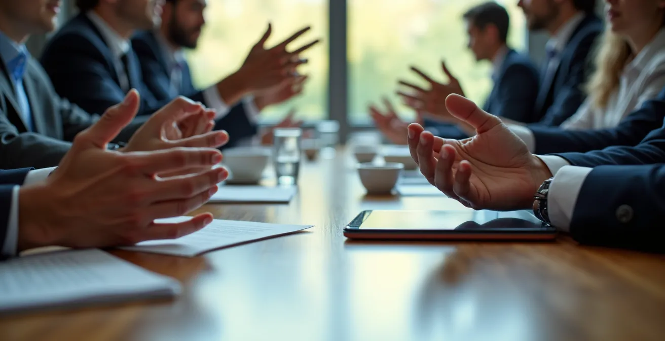 Nahaufnahme von Händen verschiedener Personen mit Dokumenten in unterschiedlichen Sprachen bei einer Sitzung
