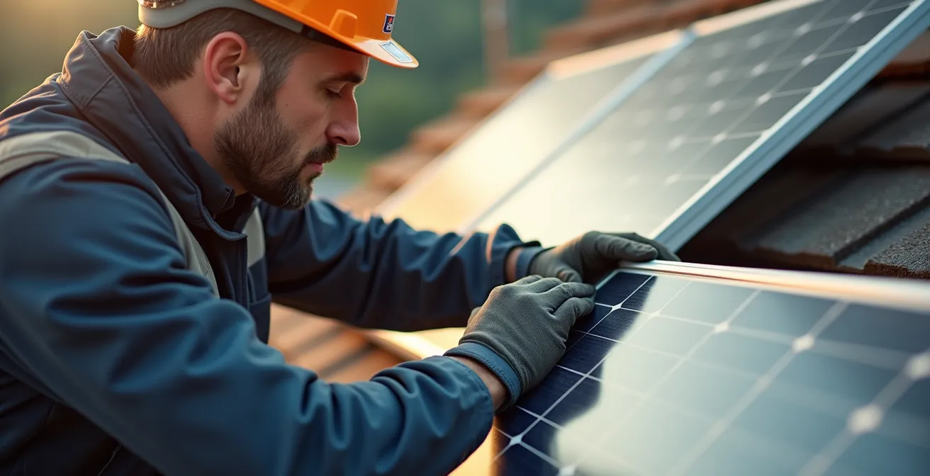 Handwerker installieren Solarmodule auf einem Schweizer Dach