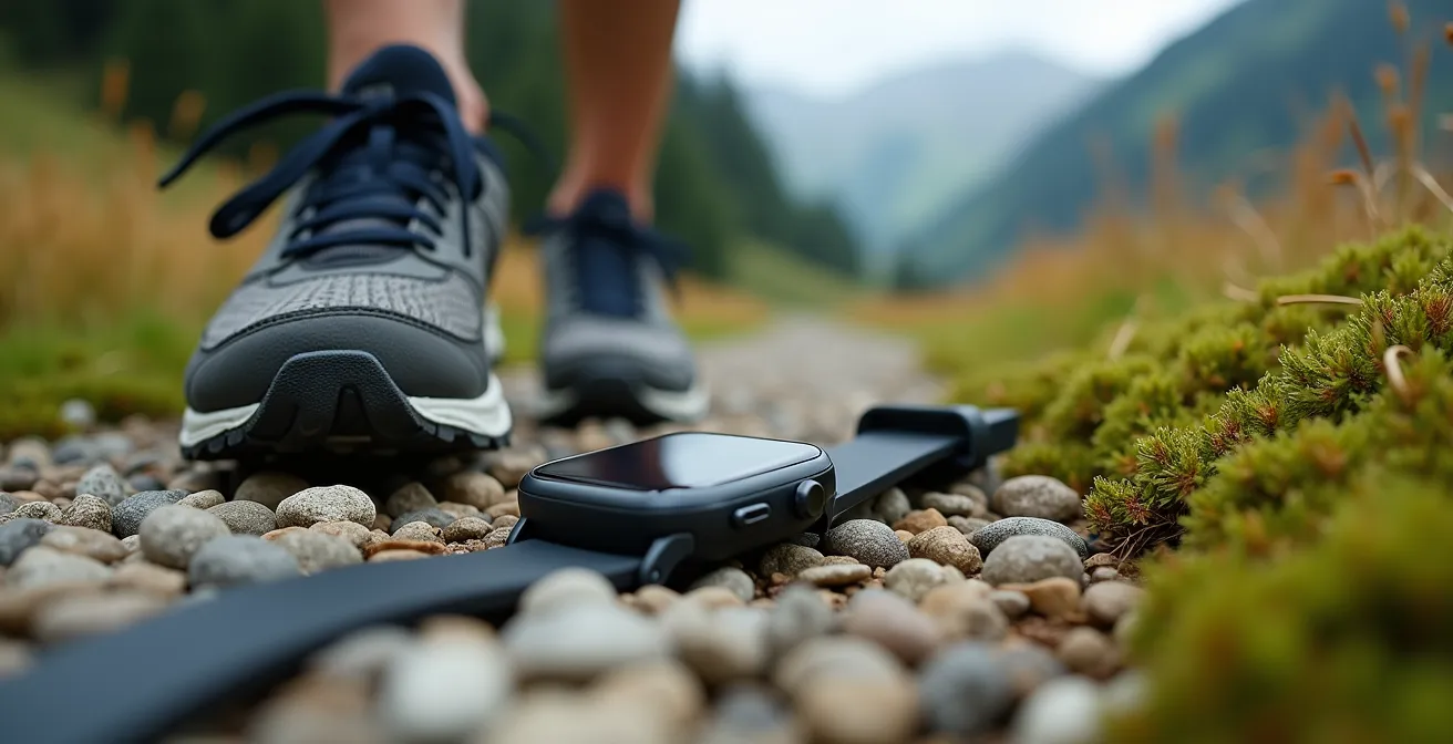 Laufschuhe auf einem Schweizer Wanderweg ohne digitale Geräte