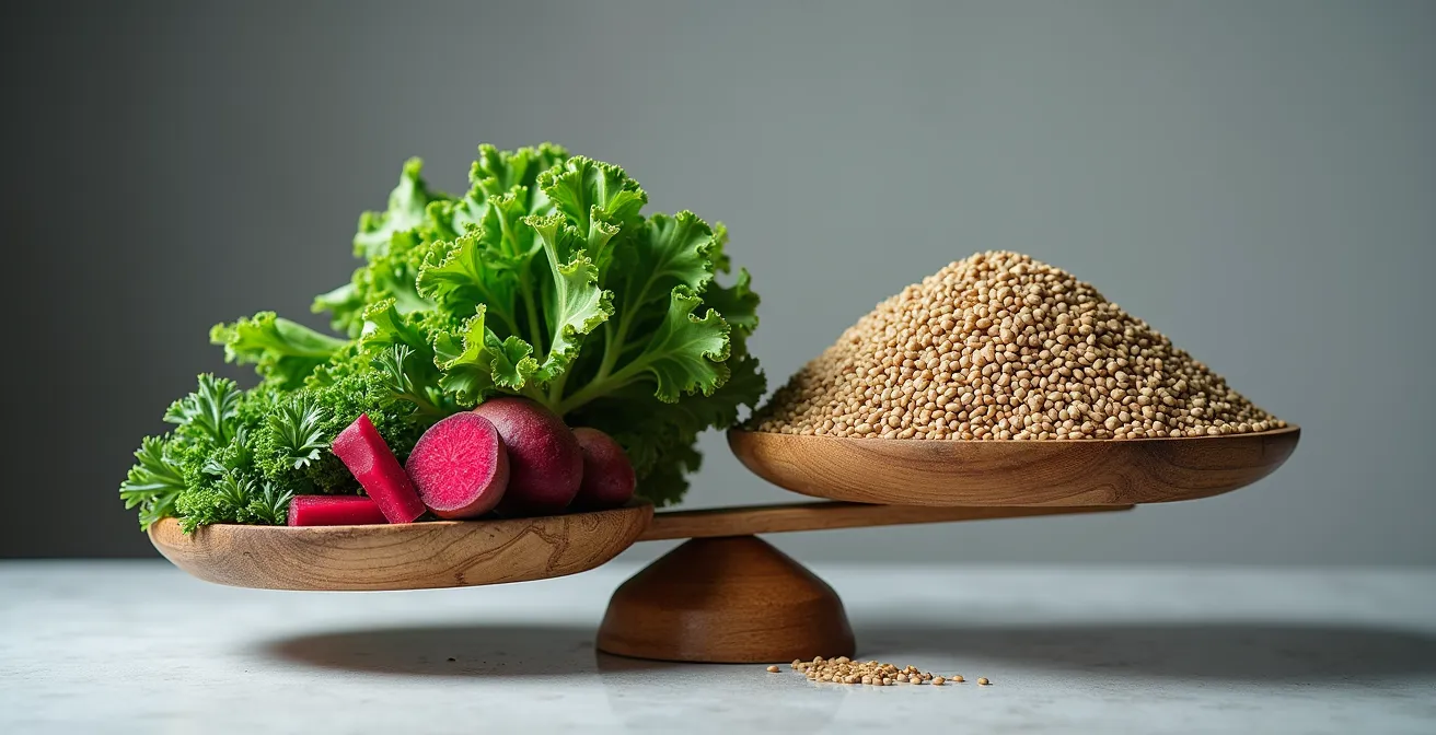 Eine Waage, die lokale Schweizer Superfoods wie Leinsamen und Hagebutten mit importierten wie Chiasamen und Goji-Beeren vergleicht und die Balance hervorhebt.