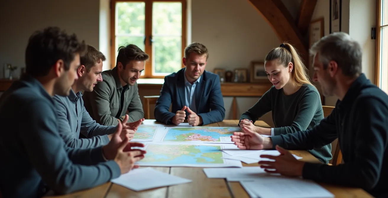 Organisationsteam bei der Festivalplanung mit Karten und Dokumenten auf einem Holztisch
