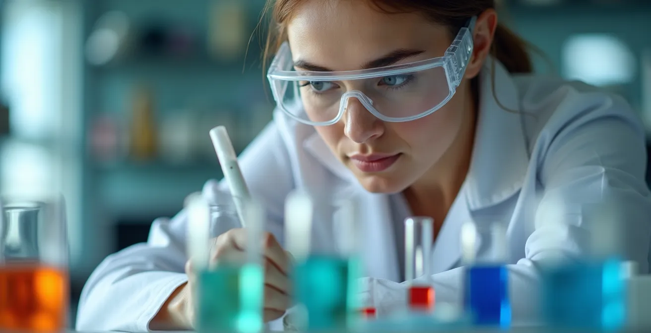 Nahaufnahme einer Forscherin bei der Arbeit mit Pipetten im Pharmalabor