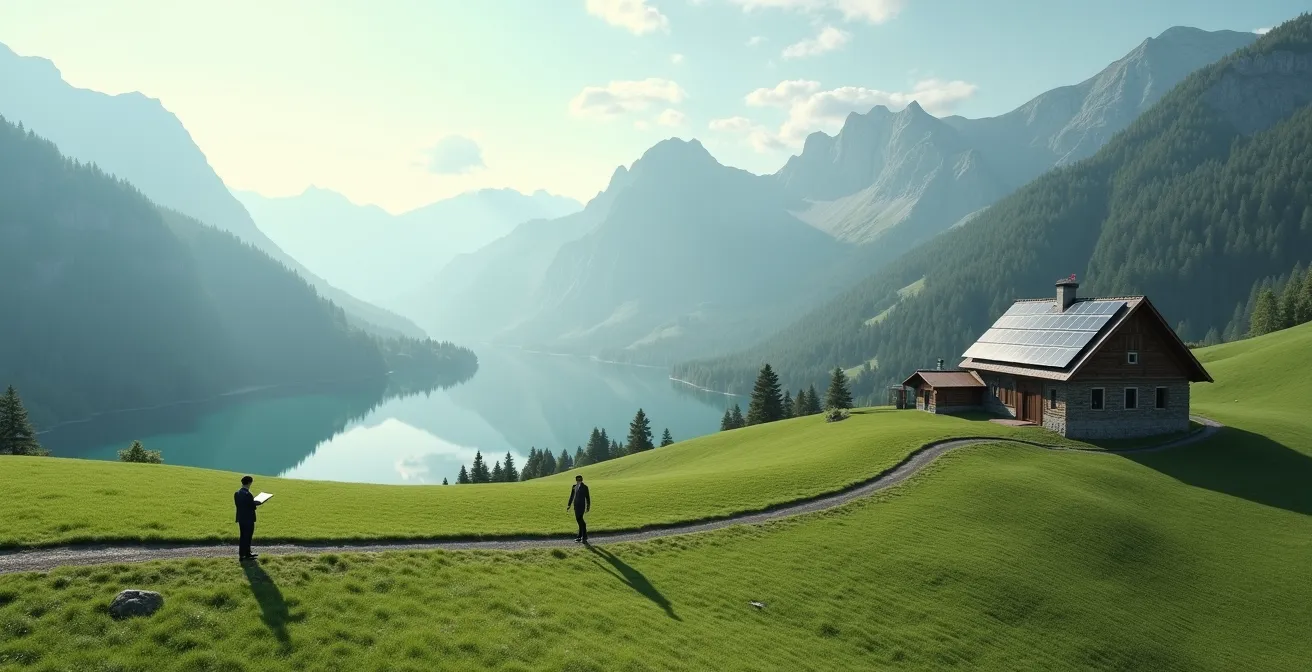 Visualisierung des 5-Schritte-Plans für messbaren ökologischen Beitrag vor einer Schweizer Alpenkulisse