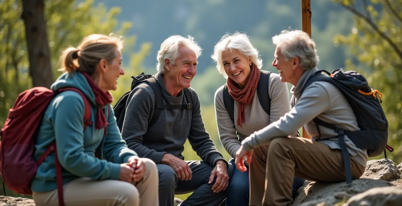 Gruppe älterer Menschen bei gemeinsamer Wanderung in schweizer Berglandschaft