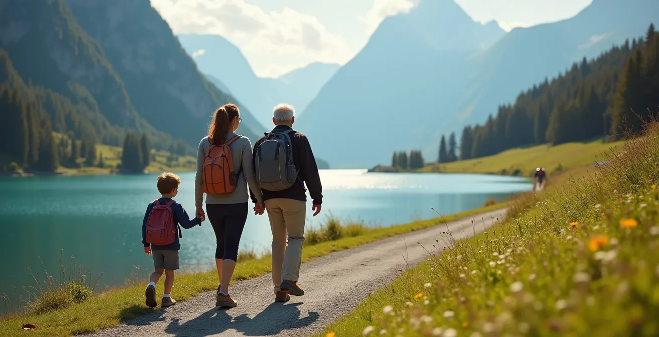 Drei Generationen einer Familie wandern gemeinsam an einem Schweizer Bergsee entlang