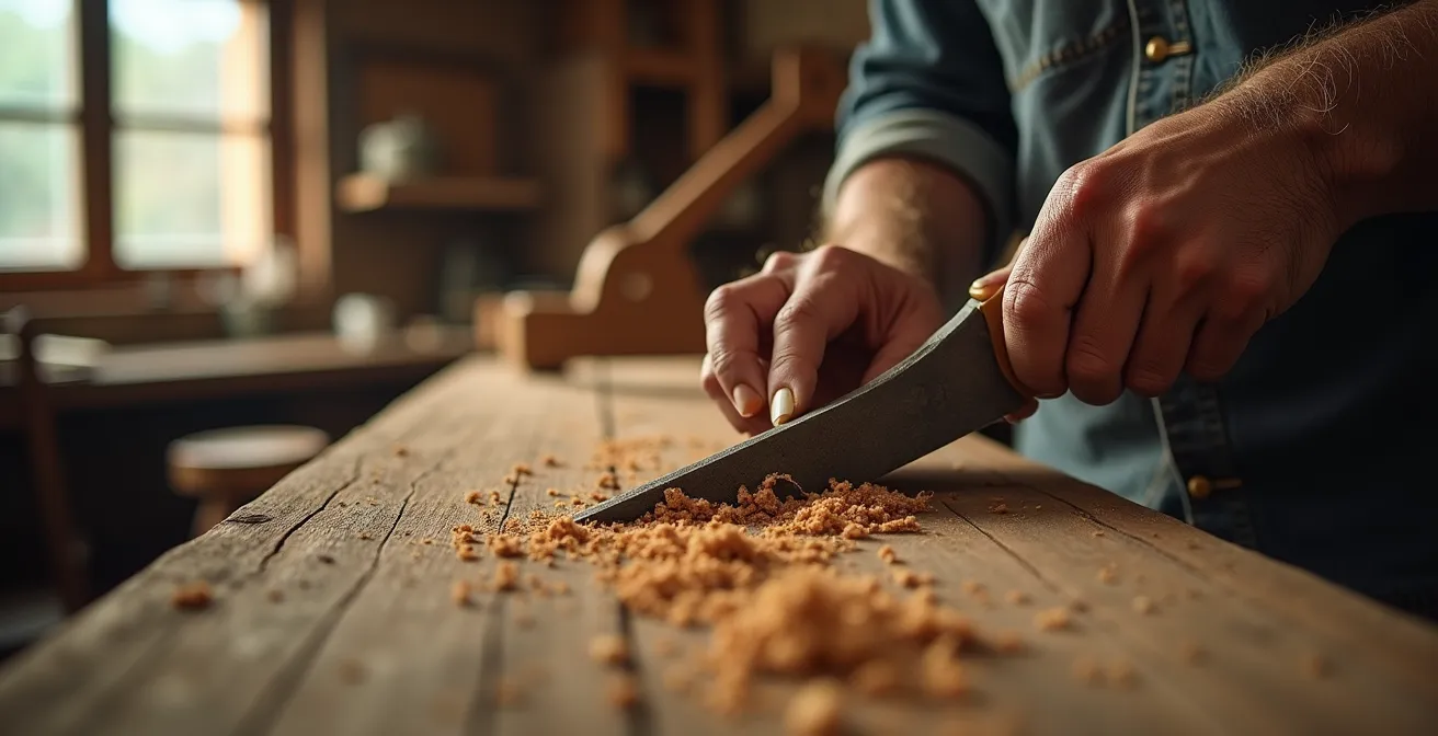 Detailaufnahme von Handwerkerarbeit an historischem Holzbalken mit traditionellem Werkzeug