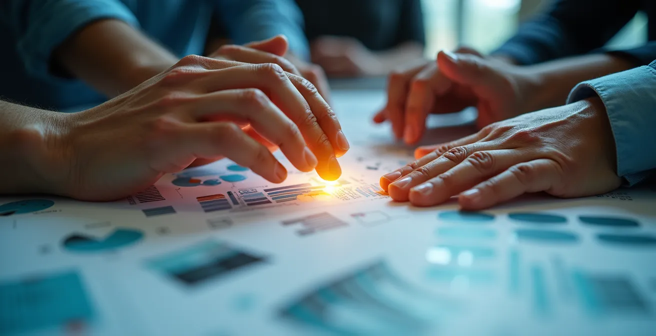 Detailaufnahme von Händen, die gemeinsam an einem transparenten Governance-Framework arbeiten