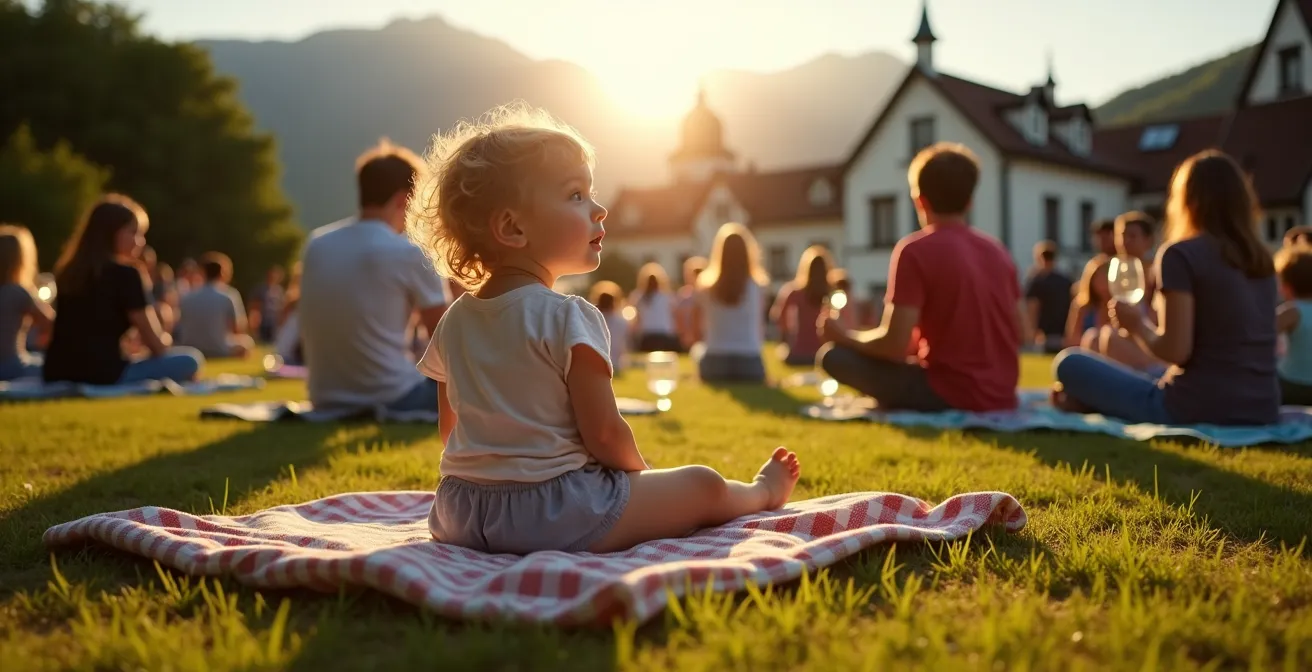 Entspannte Open-Air-Klassikveranstaltung mit Familien auf Picknickdecken vor einer Orchesterbühne in einem Schweizer Park