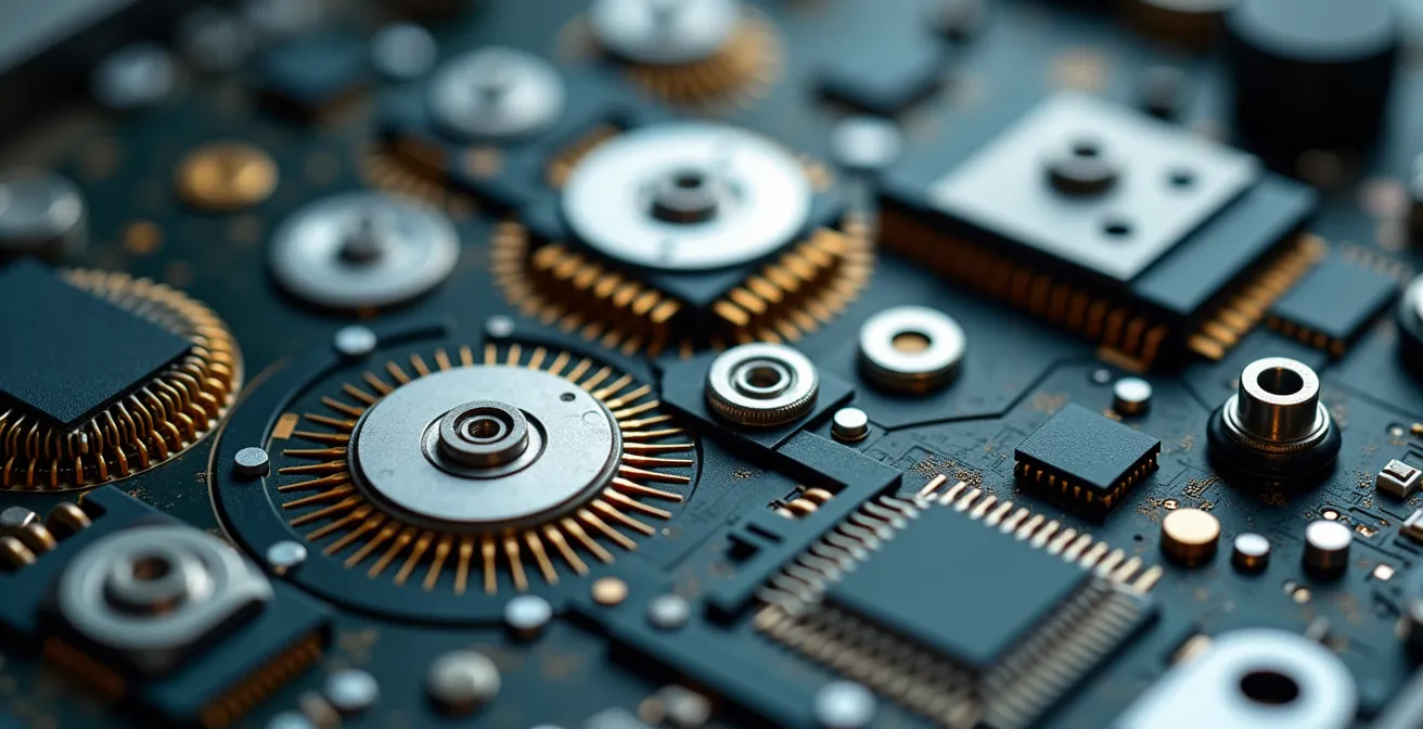 KMU-Innovation durch Zusammenarbeit mit Forschungsinstituten, symbolisiert durch Uhrenteile und Mikrochips