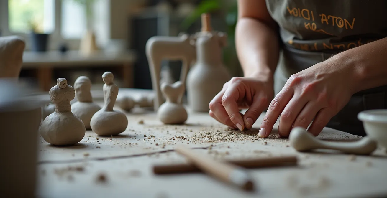 Künstleratelier mit Materialien, Werkzeugen und unfertigen Skulpturen in natürlichem Licht