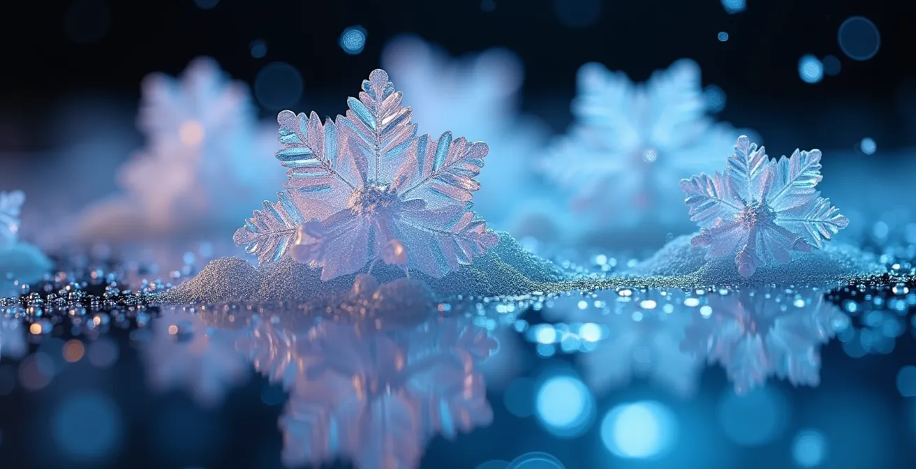 Makroaufnahme eines Lidar-Sensors mit Schneekristallen und Laserstrahlen