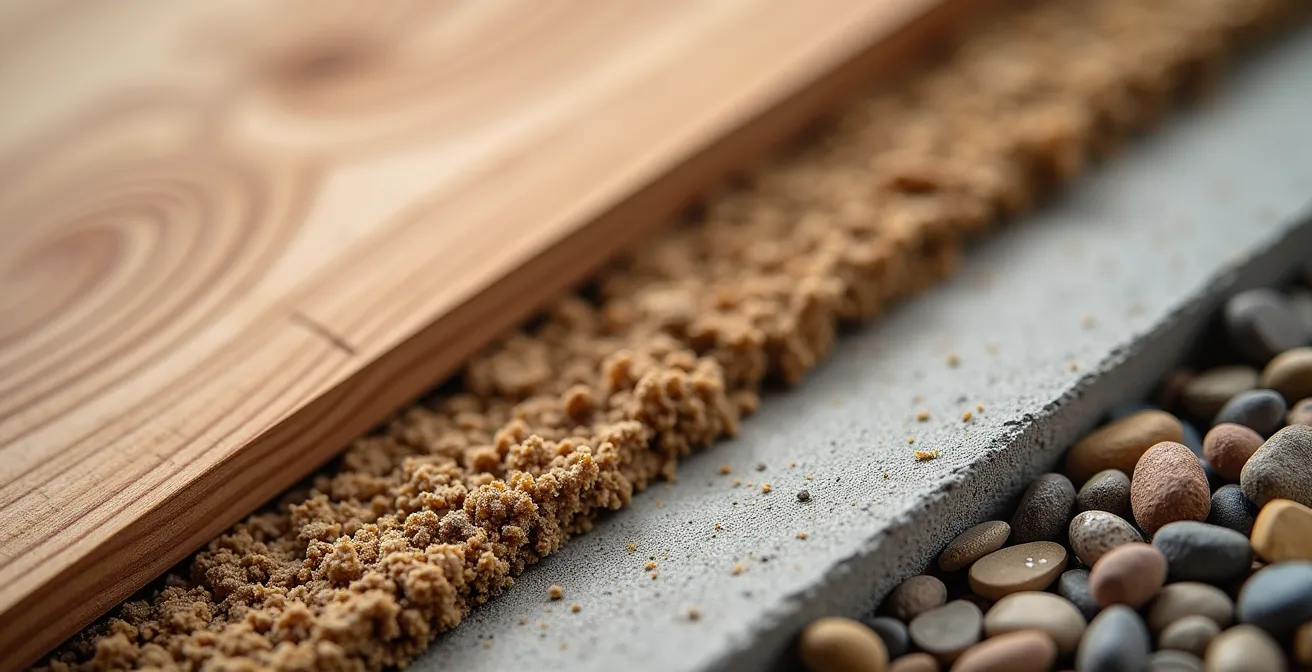 Materialproben von Holz, Lehm und Recyclingbeton in Makroaufnahme