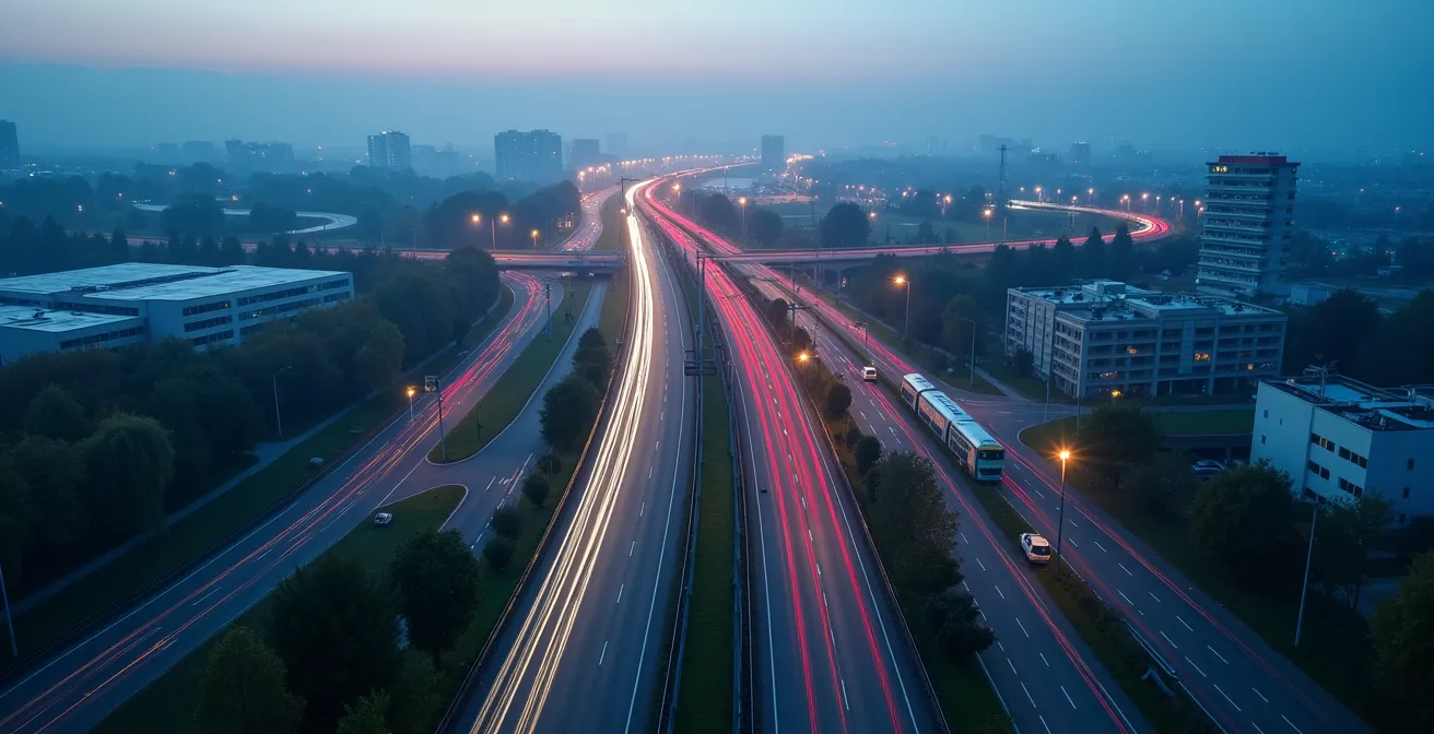 Verkehrsknotenpunkt im Schweizer Mittelland während der Rushhour mit Autobahnen und Zügen