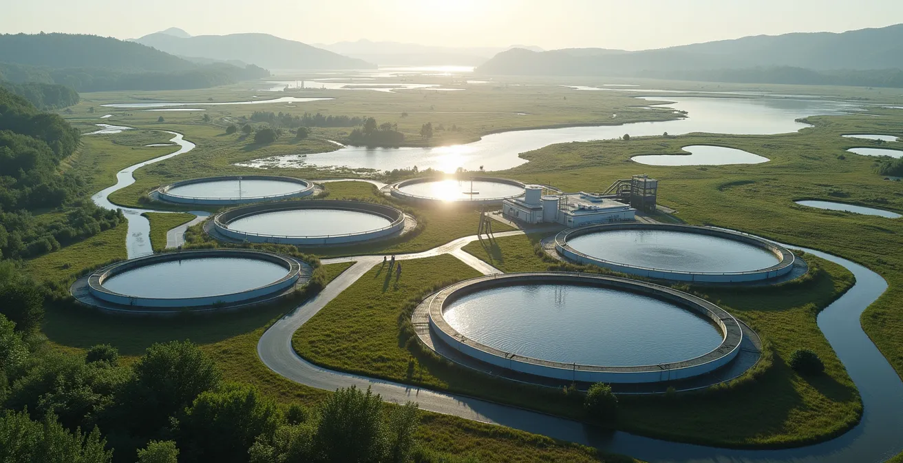 Moderne Schweizer Kläranlage mit Ozonungsanlage aus der Vogelperspektive, umgeben von renaturierten Gewässern