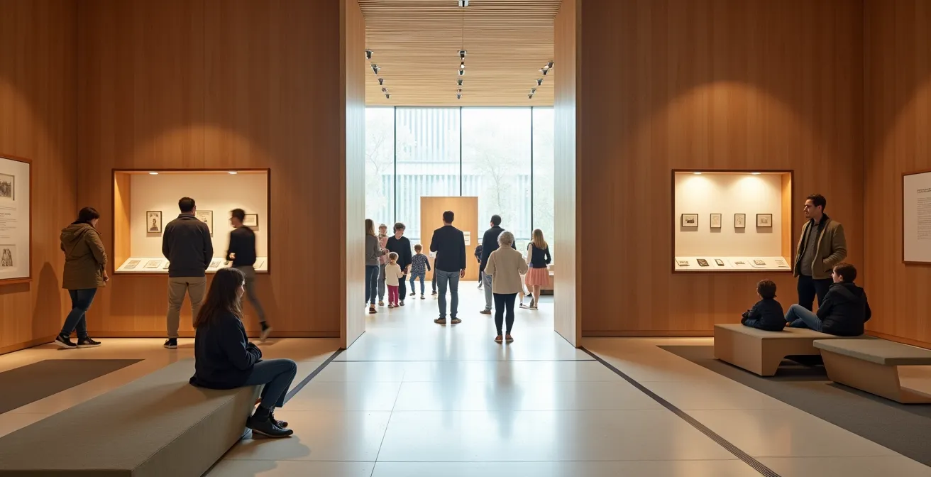 Blick durch eine offene Museumstür zeigt Menschen verschiedener Generationen beim entspannten Austausch in einem modernen, einladenden Museumsraum