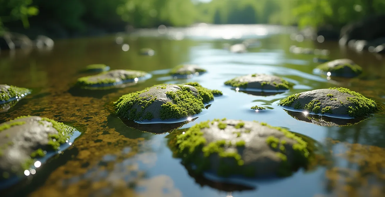 Makroaufnahme eines Bachbetts mit fehlenden Insektenlarven, sichtbare Algenbildung durch Überdüngung