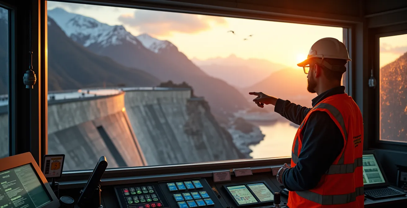 Pumpspeicherkraftwerk in den Schweizer Alpen bei Sonnenuntergang