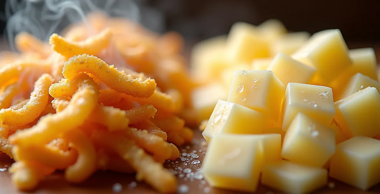 Makroaufnahme von knuspriger Rösti neben cremigem französischem Käse, die den Röstigraben und die kulturelle Vielfalt der Schweiz symbolisiert.