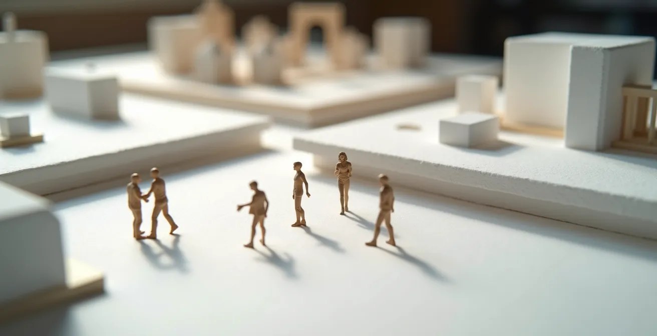 Architekturmodell und Skizzen im kreativen Prozess