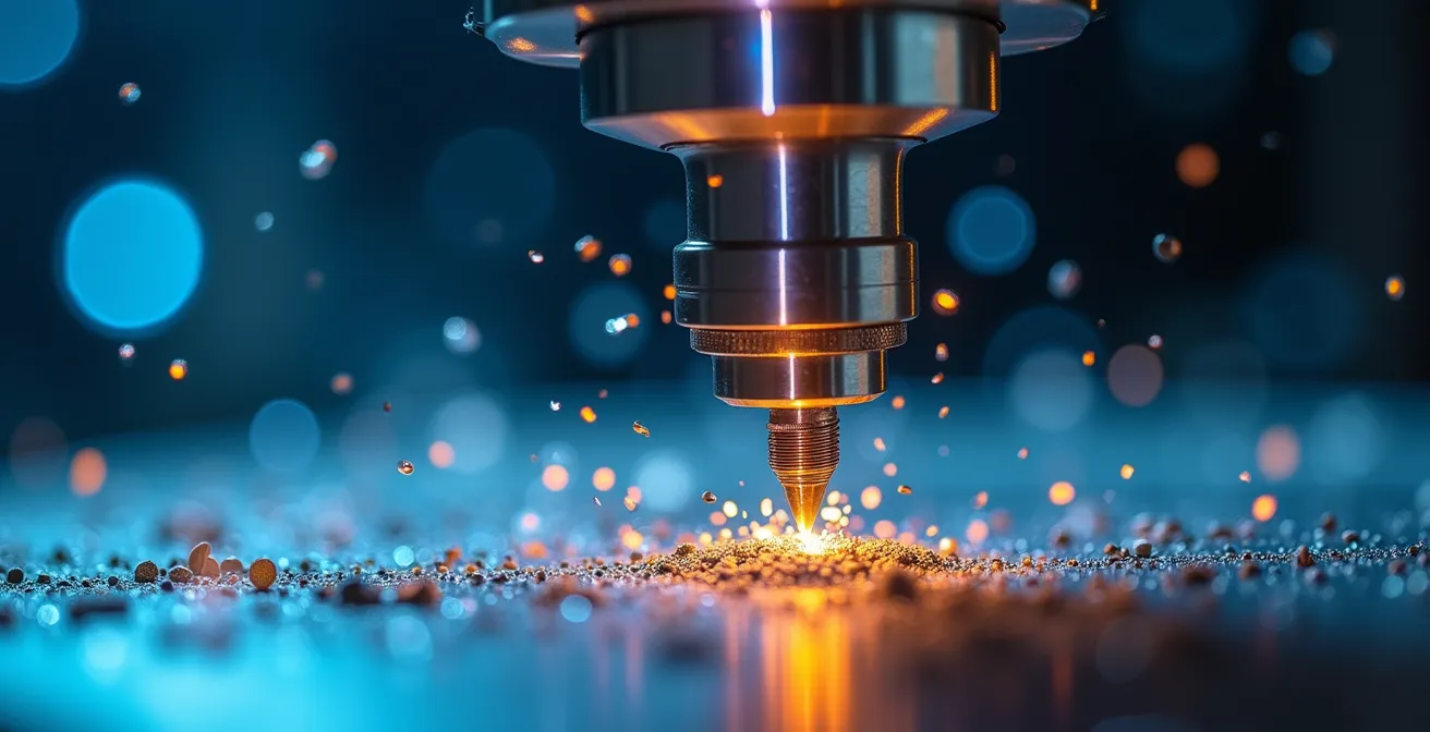 Makroaufnahme eines Schweizer Präzisionsfräskopfs bei der Bearbeitung von Titan