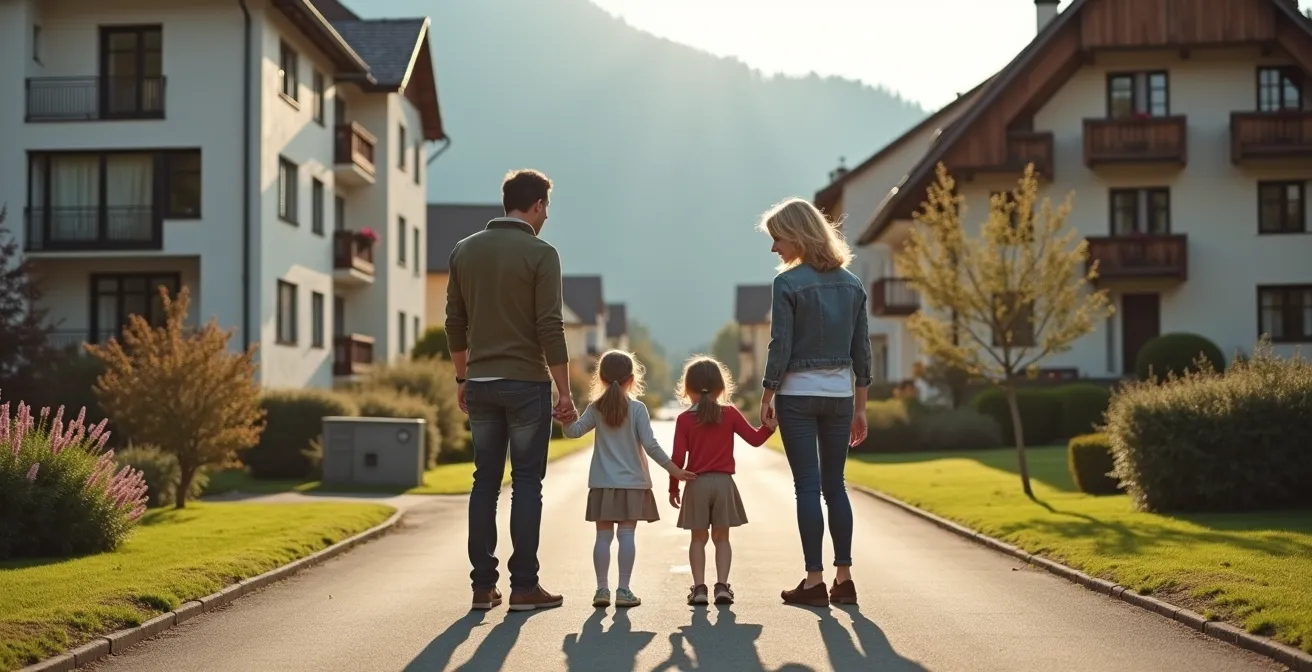 Familie steht zwischen städtischer Wohnung und ländlichem Bauernhaus