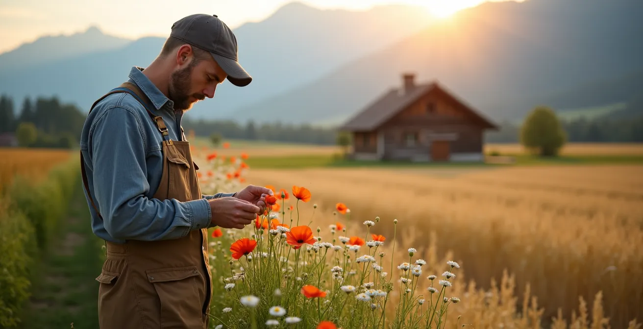 Schweizer Bauernhof mit Blühstreifen und biodiversitätsfördernden Massnahmen