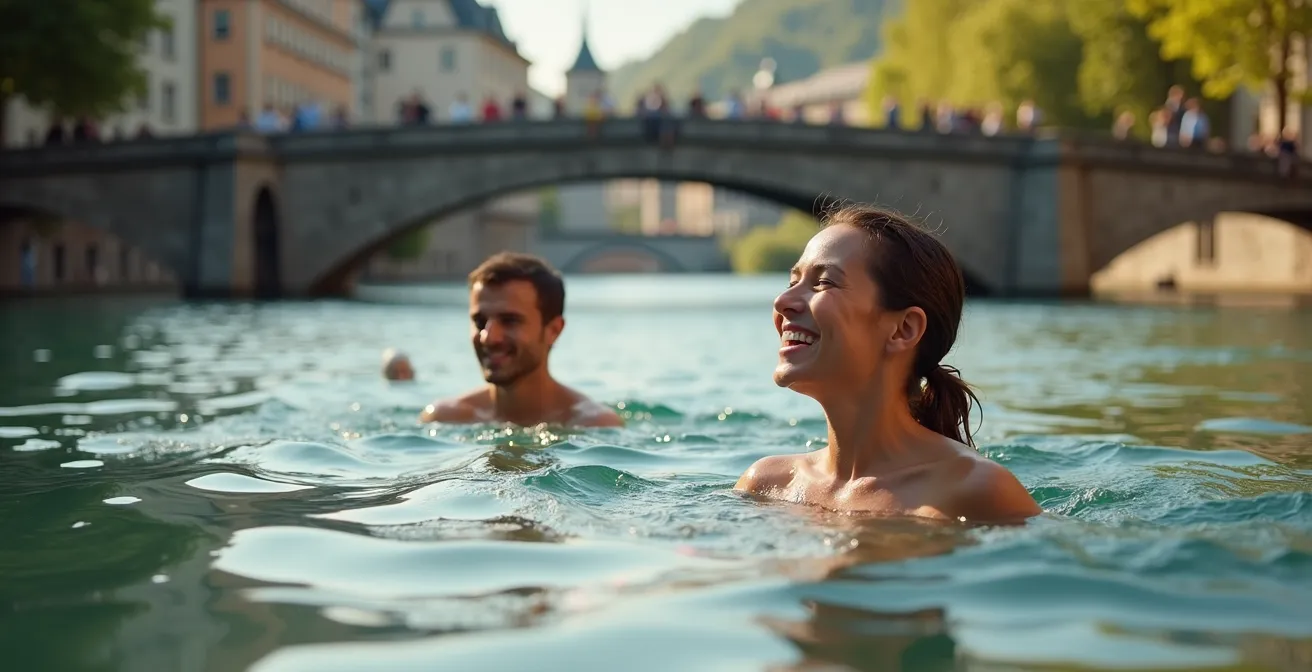Menschen schwimmen in der Aare mit historischen Gebäuden im Hintergrund, was die hohe Lebensqualität in Schweizer Städten symbolisiert.