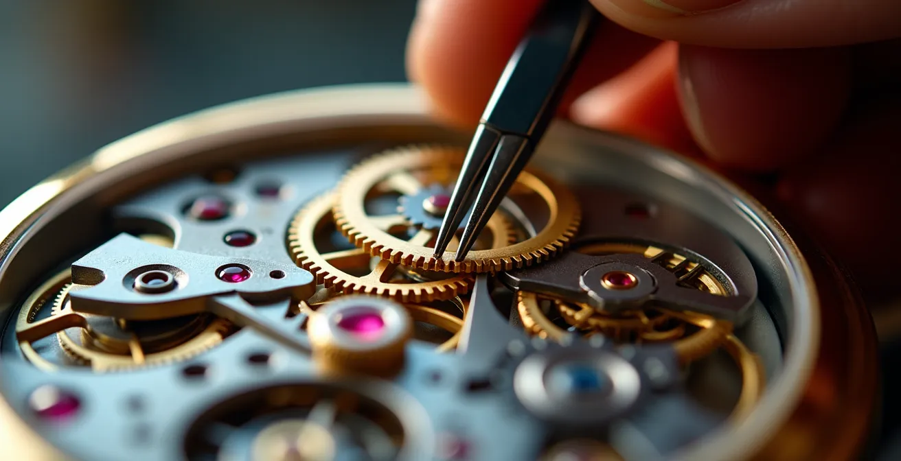 Makroaufnahme eines Uhrmachers bei der Montage mechanischer Komponenten