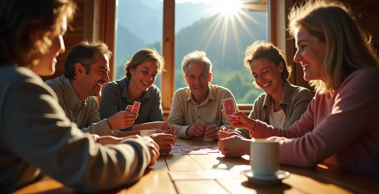 Eine Gruppe von Menschen unterschiedlichen Alters spielt lachend das Schweizer Kartenspiel Jass in einer gemütlichen Alphütte, was die Bedeutung von Gemeinschaft unterstreicht.