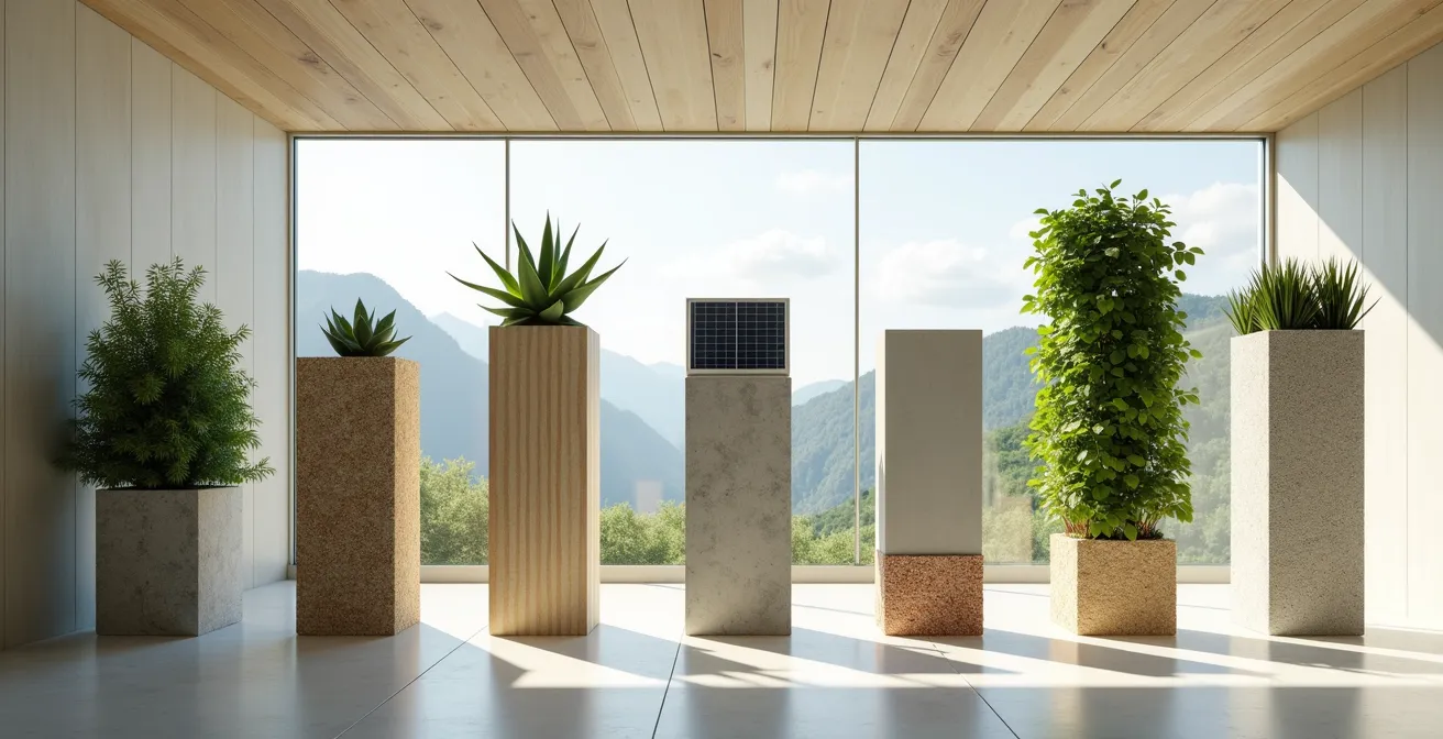 Die sieben Säulen des klimaneutralen Bauens visualisiert als architektonische Elemente