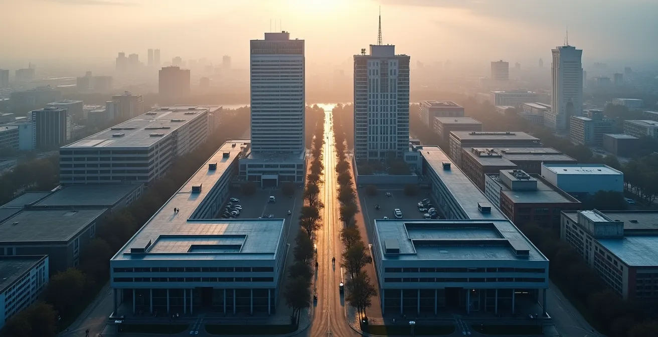 Symbolische Darstellung der drei Säulen der Schweizer Wirtschaftsstabilität: Schuldenbremse, SNB-Politik und diversifizierter Branchenmix