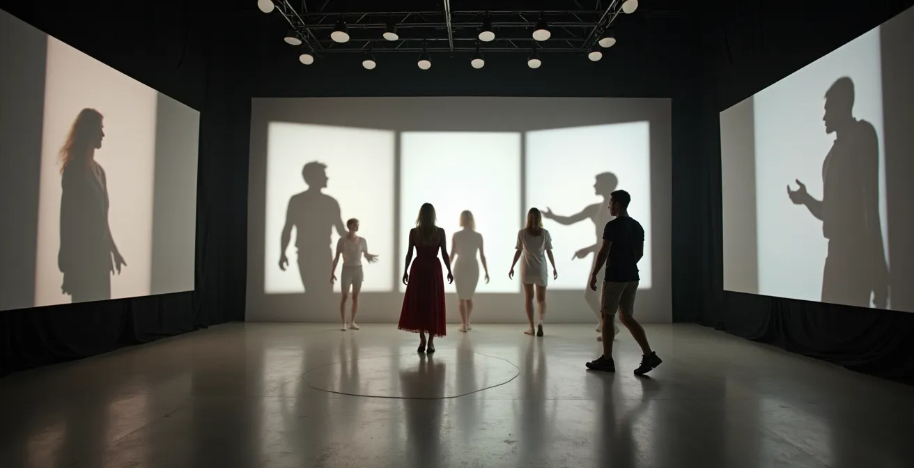 Menschen verschiedener Schweizer Sprachregionen beim gemeinsamen Theaterprojekt mit Übertiteln in mehreren Sprachen