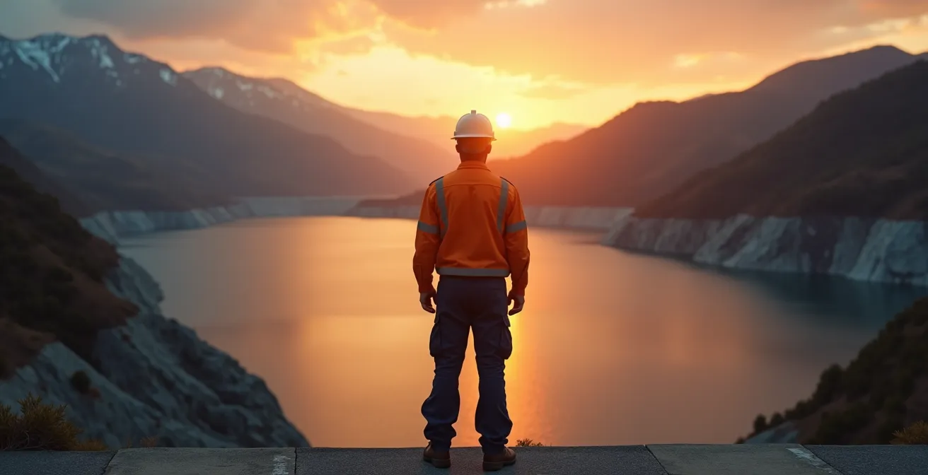 Luftaufnahme eines Schweizer Stausees mit sichtbaren Wasserstandsmarkierungen an den Ufern, die den Jahresverlauf der Speicherbewirtschaftung zeigen