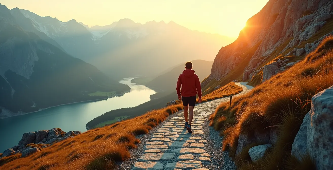 Visuelle Darstellung der progressiven Steigerung beim Wandern vom Seeufer zur Bergspitze