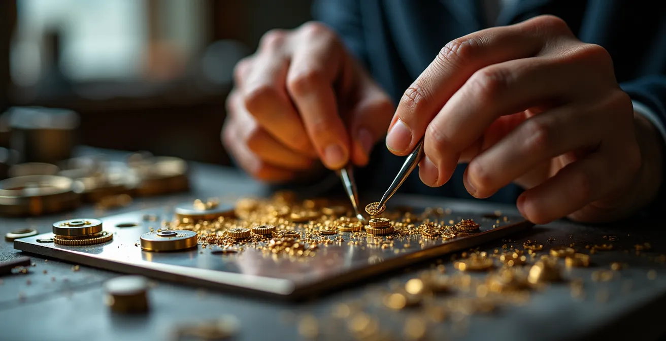 Uhrmacher bei der Feinmontage eines mechanischen Uhrwerks unter Lupenvergrösserung