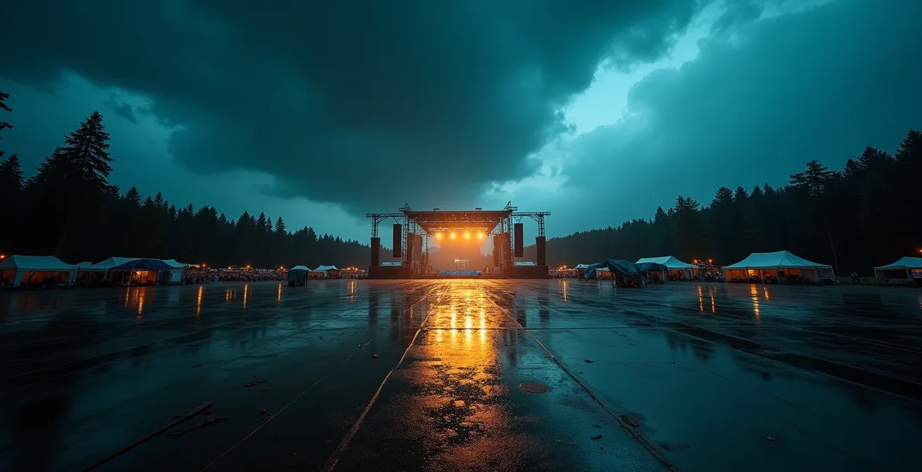 Dramatische Wettersituation über leerem Festivalgelände mit Regenwolken und verlassener Bühne