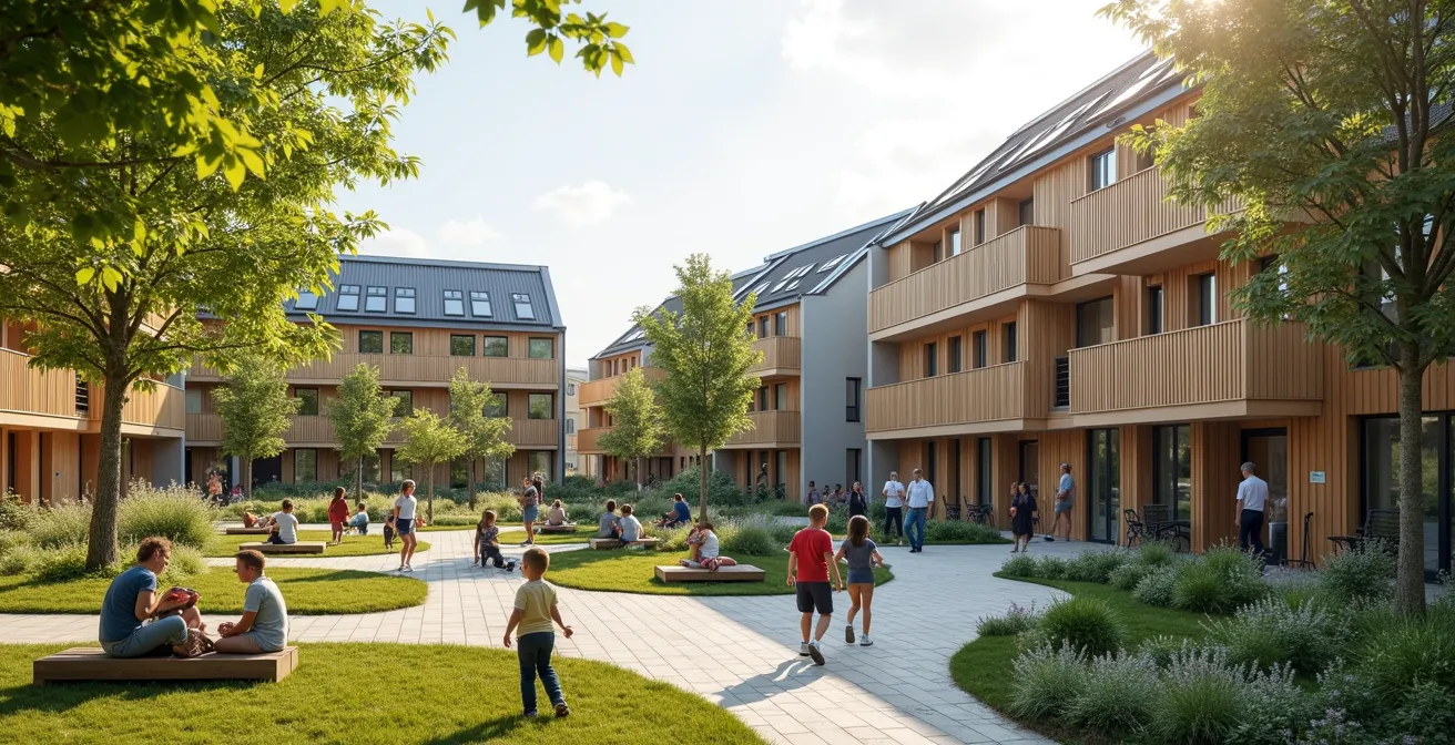 Modernes verdichtetes Wohnquartier mit begrünten Innenhöfen im Schweizer Mittelland