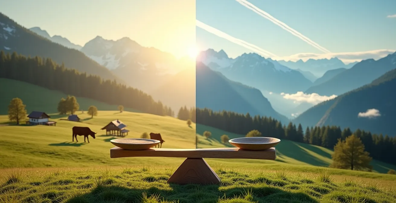 Visueller Vergleich der Klimawirkung von Flugreisen über den Alpen und Fleischkonsum auf einer Schweizer Weide