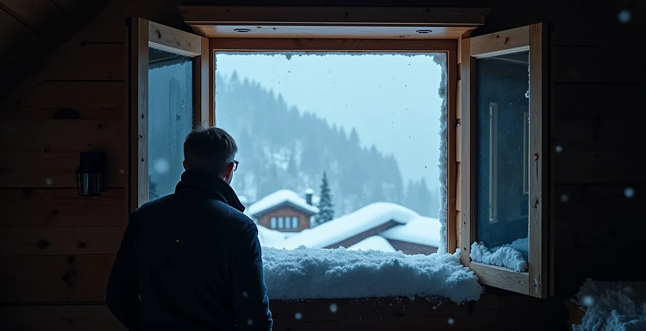 Verschneites Bergdorf bei starkem Schneefall zeigt Isolation und Herausforderungen