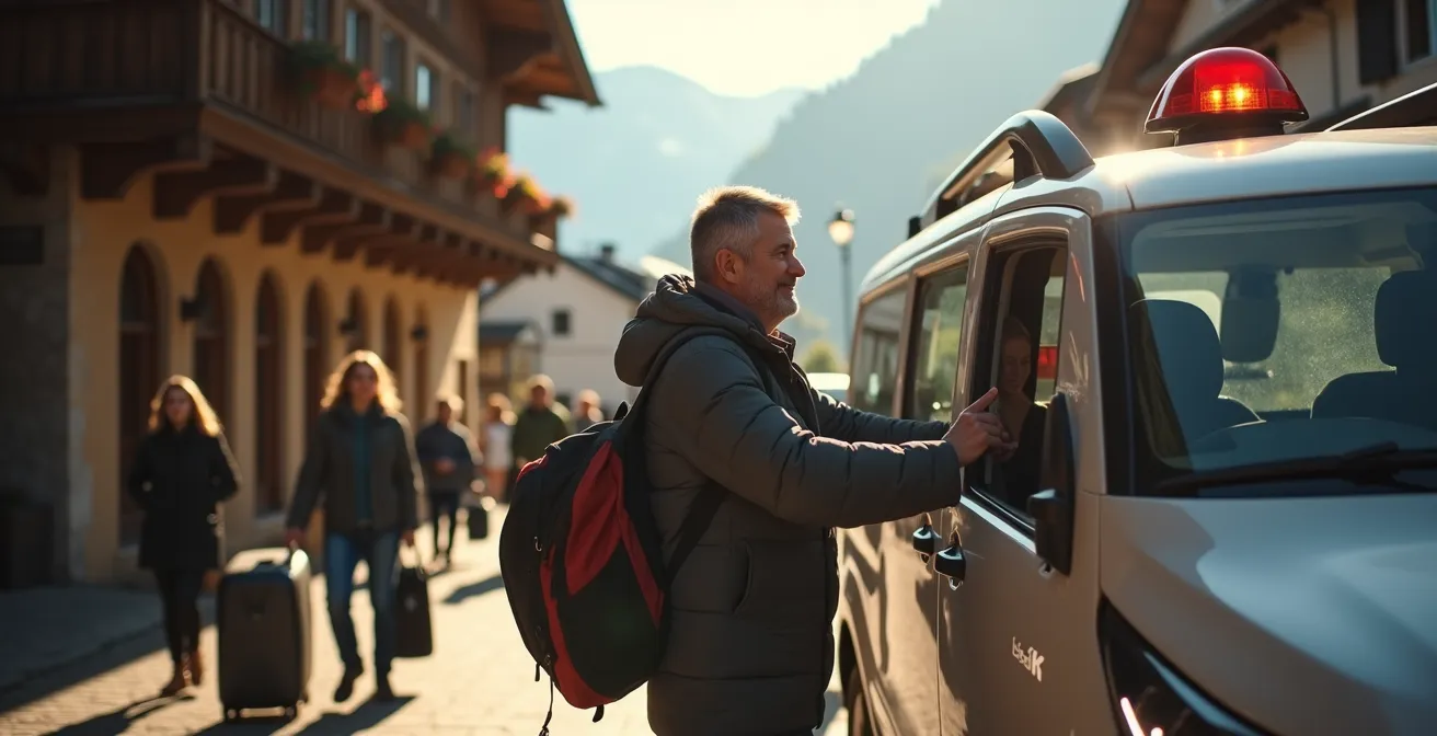 Elektrisches Taxi in autofreiem Zermatt mit Matterhorn im Hintergrund