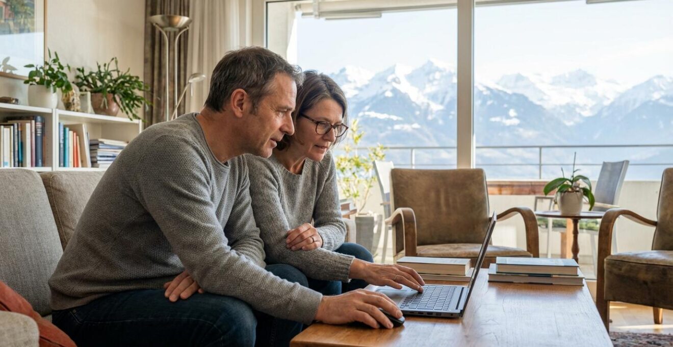 Schweizer Ehepaar prüft Immobilienbewertung gemeinsam am Laptop im Wohnzimmer