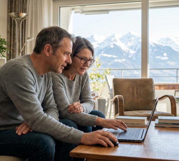 Schweizer Ehepaar prüft Immobilienbewertung gemeinsam am Laptop im Wohnzimmer