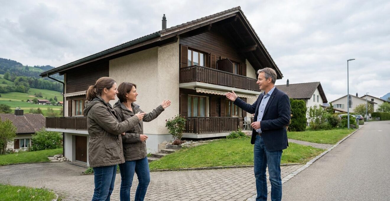 Immobilienexperte und Hauseigentümer im Gespräch vor Schweizer Wohnhaus