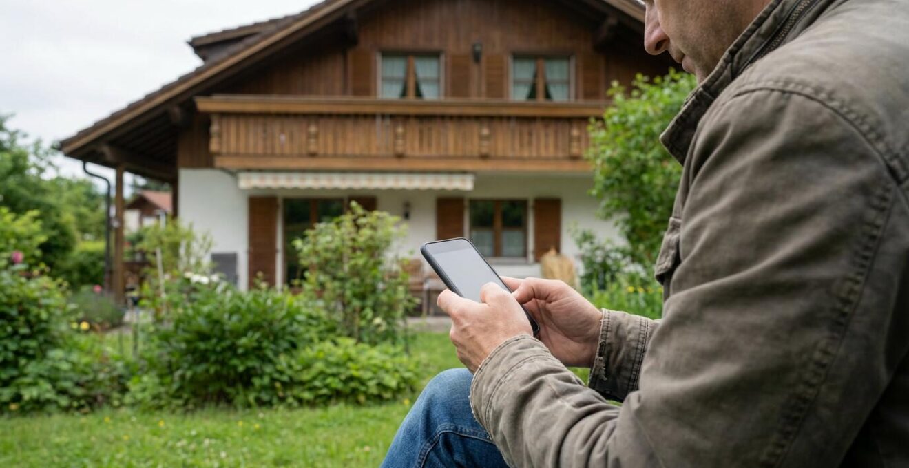 Person gibt Immobiliendaten auf Smartphone ein vor Schweizer Wohnhaus
